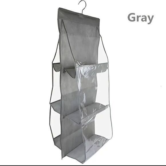Hanging Purse Hand Bag Organizer Storage,‎ Gray Transparent Holds 6 Hang Bags - Picture 1 of 6